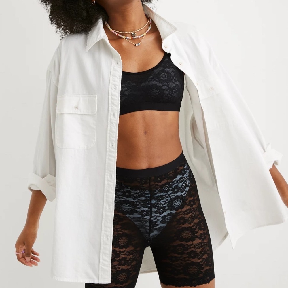 Aerie Anytime Fave Oversized Shirt Womens XS White Cotton Button‎ Down Blouse